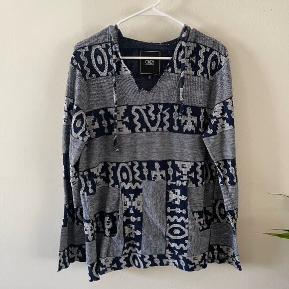 Obey Propaganda Baja Hoodie Womens Medium Blue Striped Pullover Boho Surf Skate - Picture 1 of 9